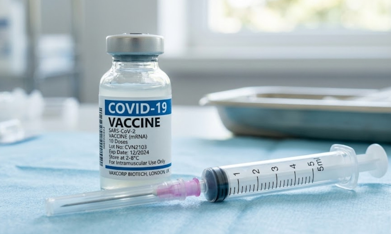 COVID-19 vaccination vial and an injection needle
