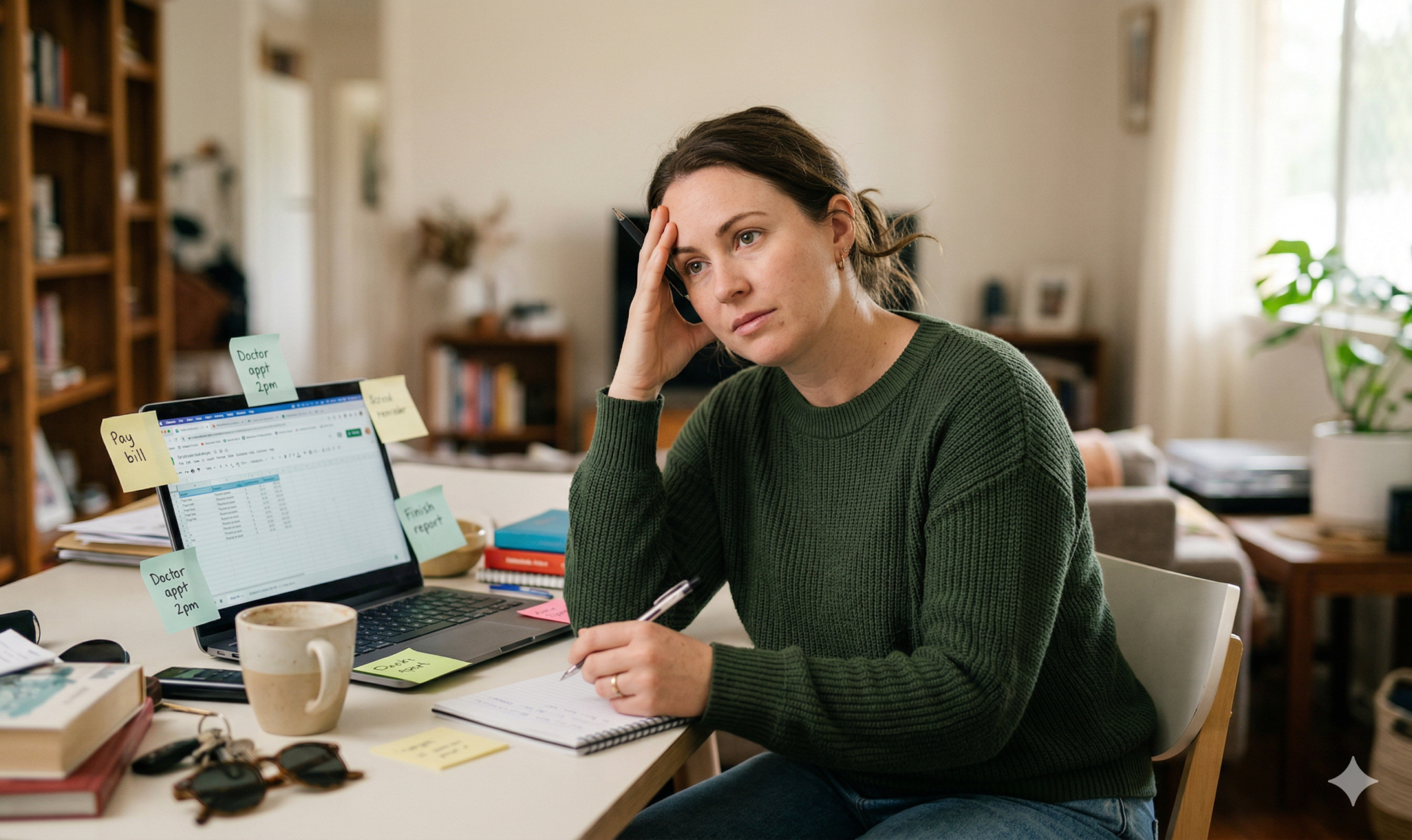 Woman at a cluttered desk looking stressed and distracted